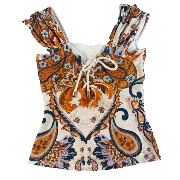 StudioF Babydoll Top Women's Small Gold Blue Floral Y2K 90s Boho Hippie - Picture 2 of 10